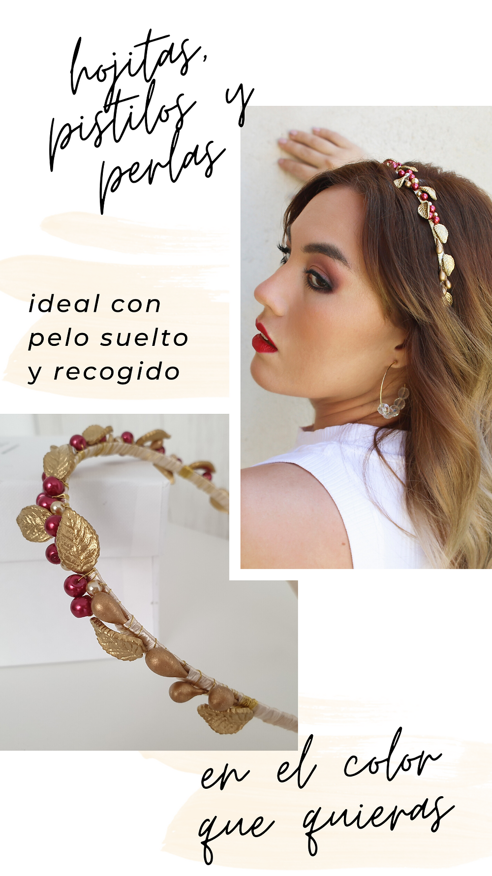 Diadema de hojitas Elisabeth en porcelana con perlas