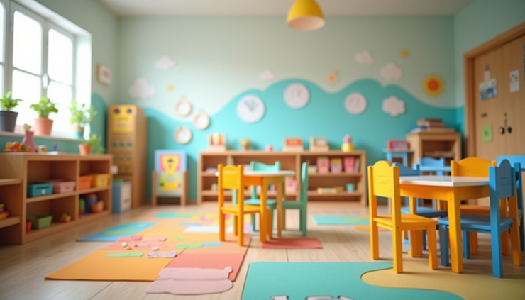 Eye-level view of a colorful classroom with learning stations and child-friendly furniture