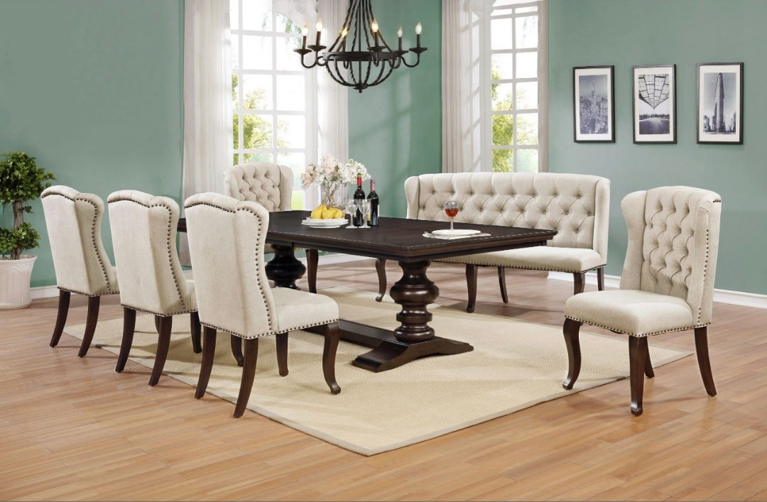9 Piece dining set in brown and beige wood
