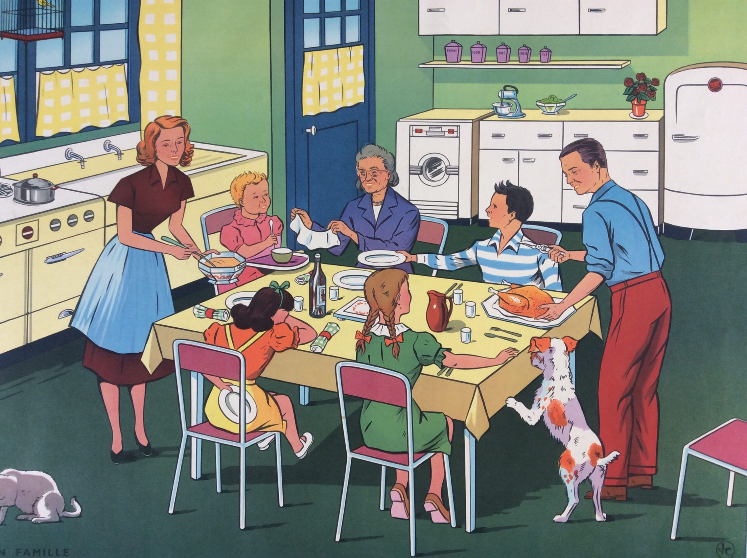 Affiche scolaire ancienne le repas en famille