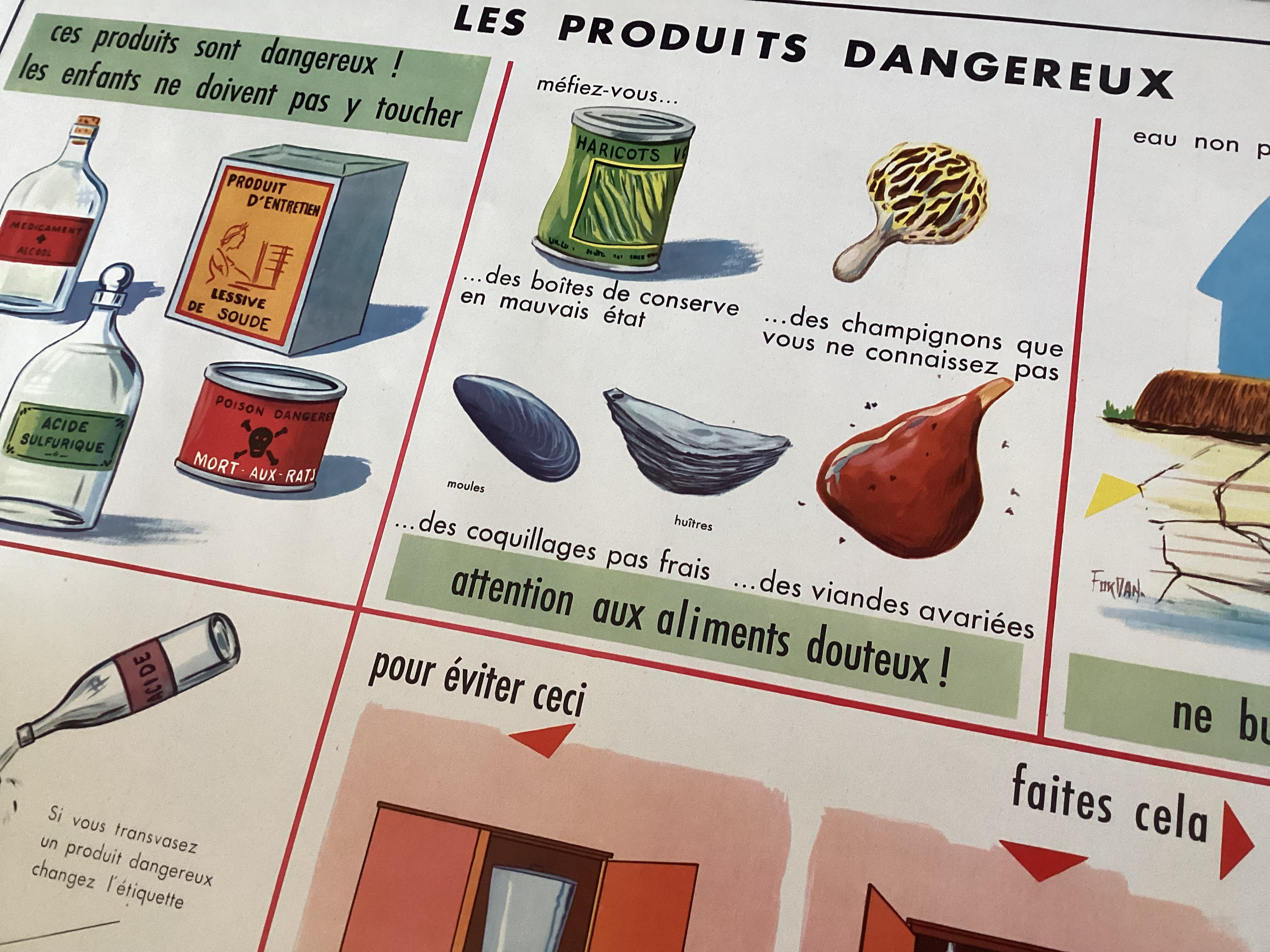 Affiche scolaire ancienne PRODUITS DANGEREUX