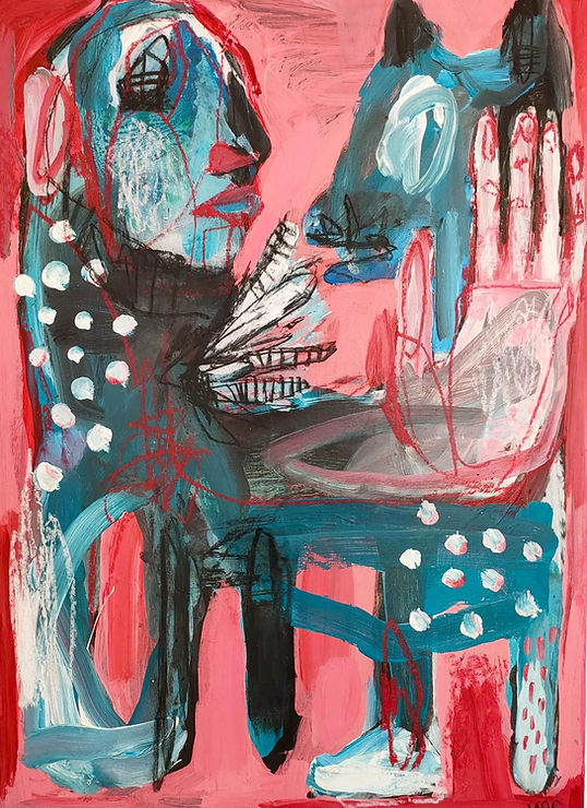 Two Figures, 2023. Acrylic and pastel on panel. 80 x 65 cm