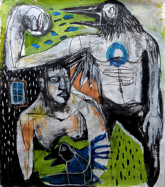 Birdman Wins, 2021. Acrylic, charcoal and pastel on paper. 200 x 150 cm