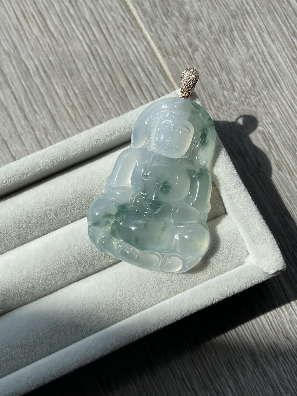 Thumbnail: Icy and High Translucent Jadeite Piao Hua Guanyin Pendant