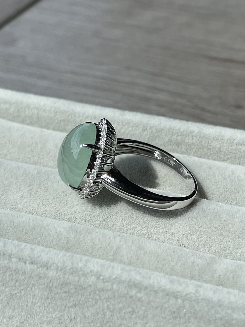 Thumbnail: Highly Translucent Icy Jadeite Light Green Cabochon Ring