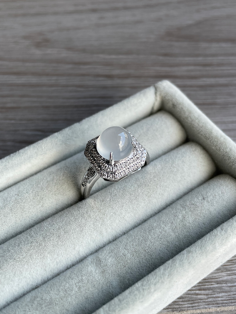Thumbnail: High Icy Type A Jadeite Cabochon Ring with Diamonds