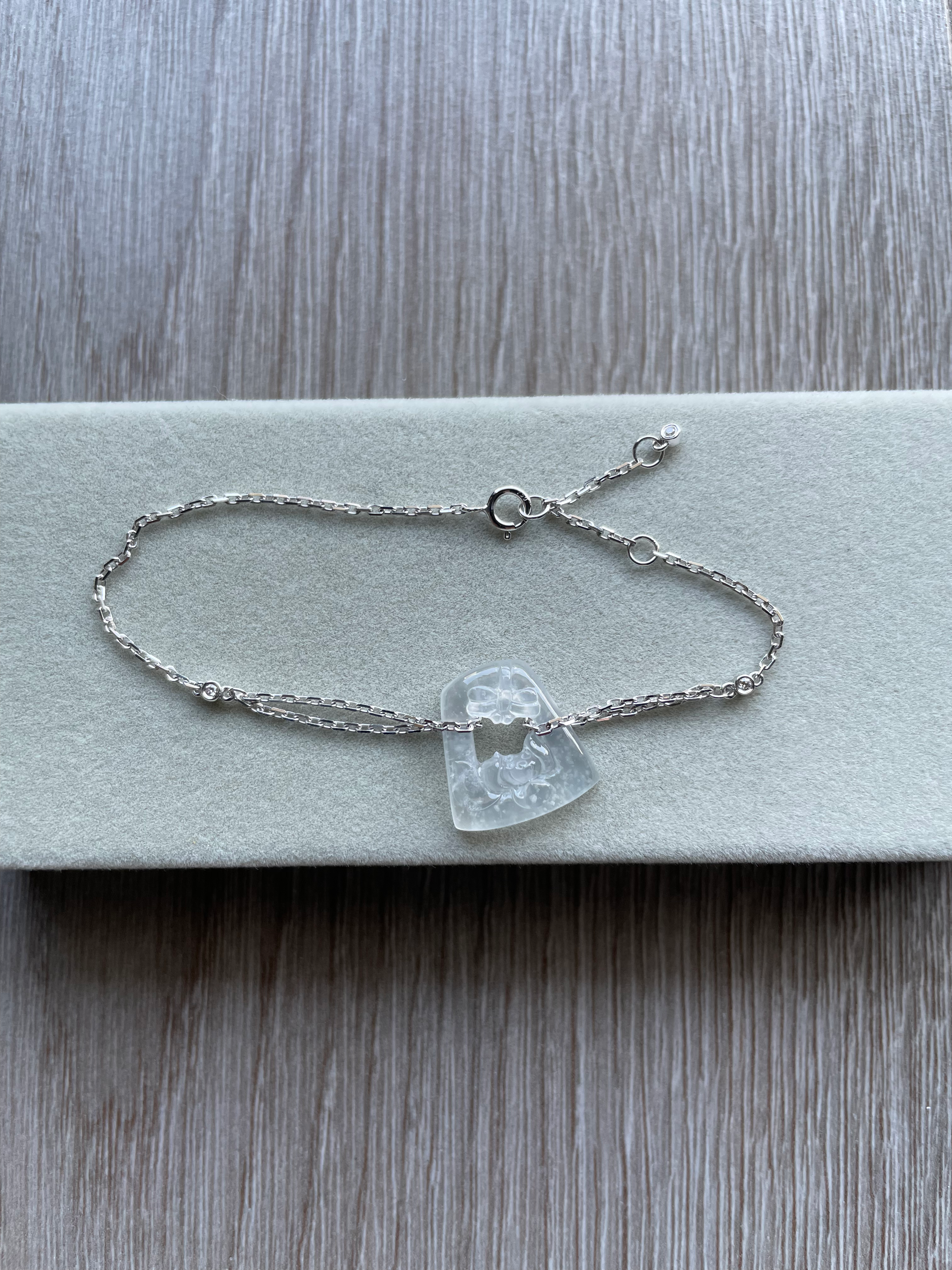 Type A Icy Jadeite carved with Lotus and Dragonfly Bracelet from Muna Mine