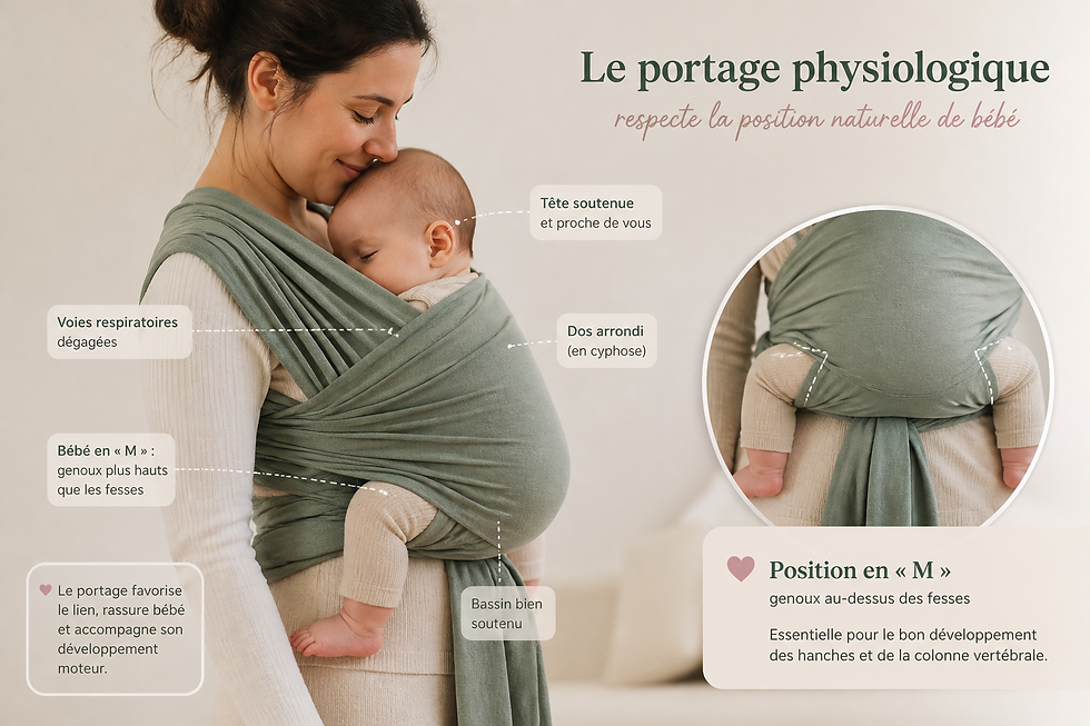 Maman portant son bébé en écharpe de portage physiologique