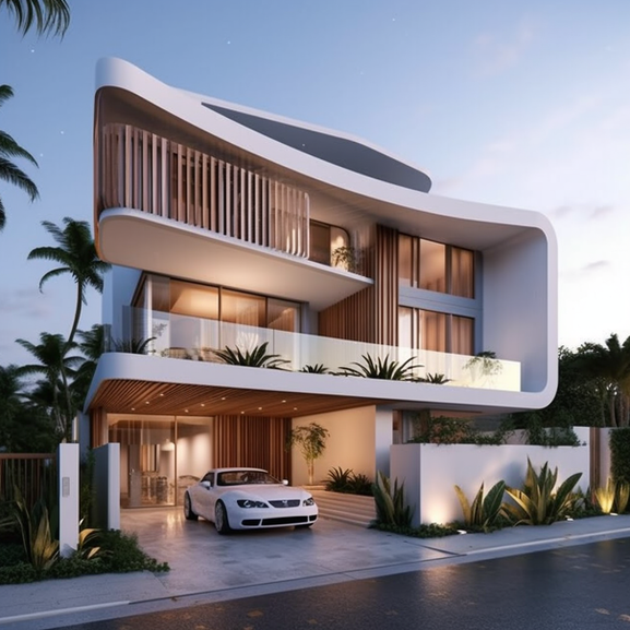 An architecturally striking three-storey luxury home with flowing curved lines