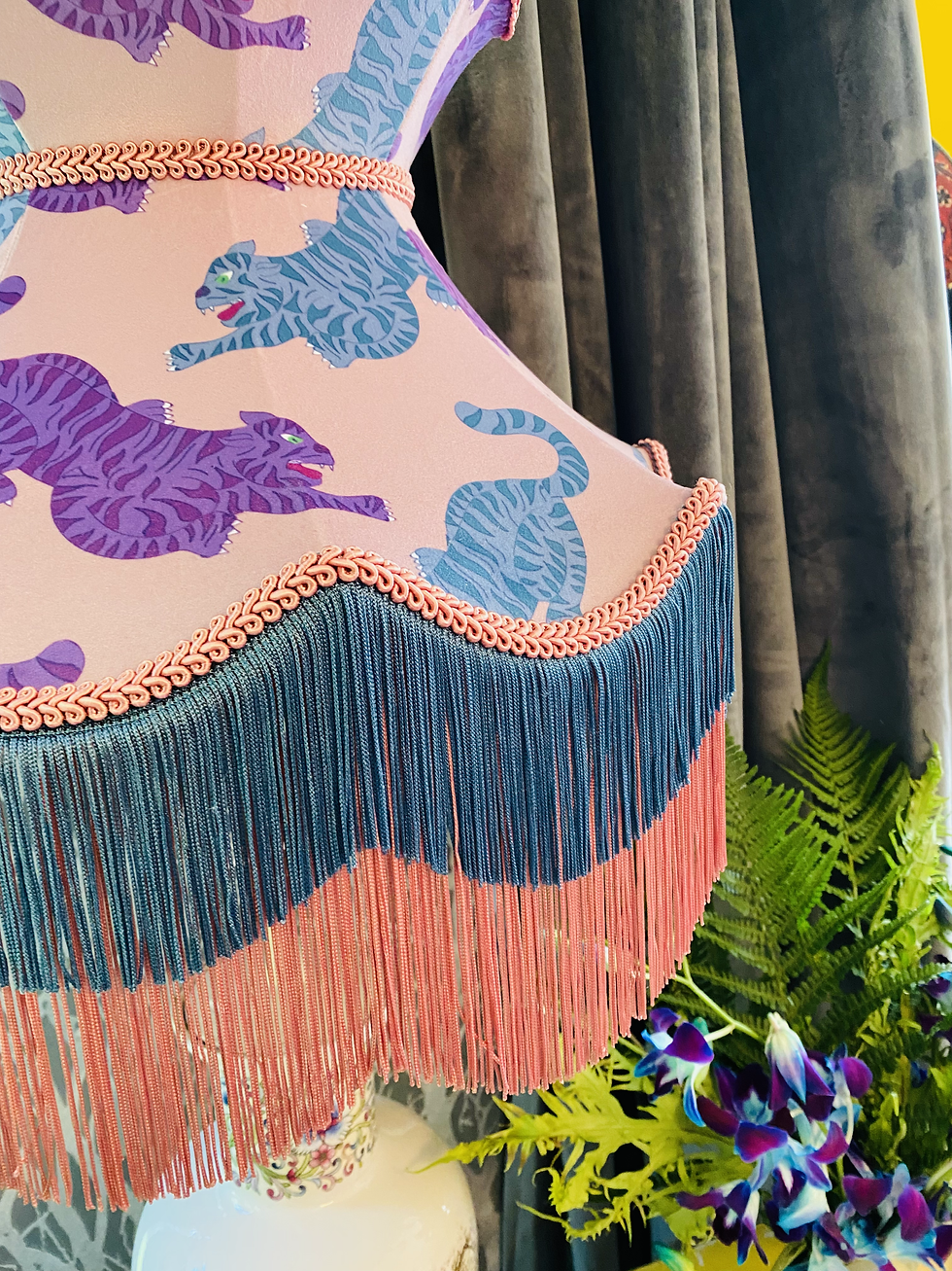 Thumbnail: Blush Pink Psychedelic Tigers Fringed Lampshade