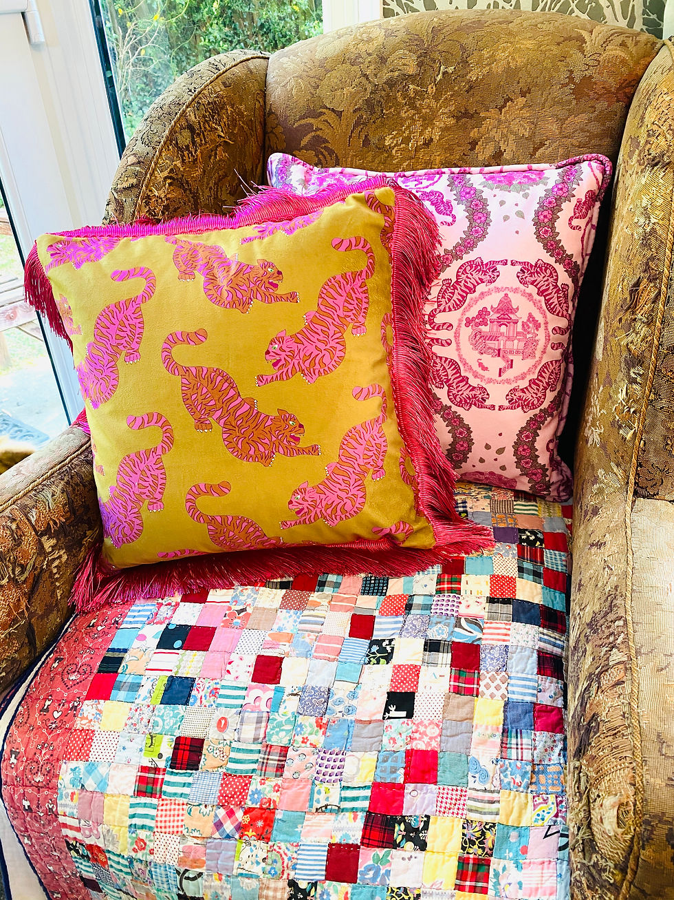 Thumbnail: Psychedelic Tigers Mustard Velvet Cushion with Pink Fringe