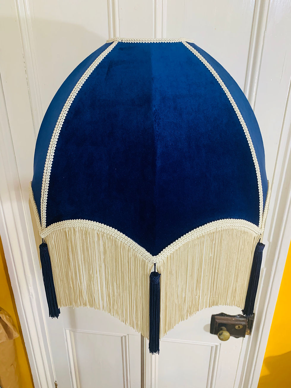 Thumbnail: Navy Velvet Dome Shade with Cream Fringe and Blue Tassels