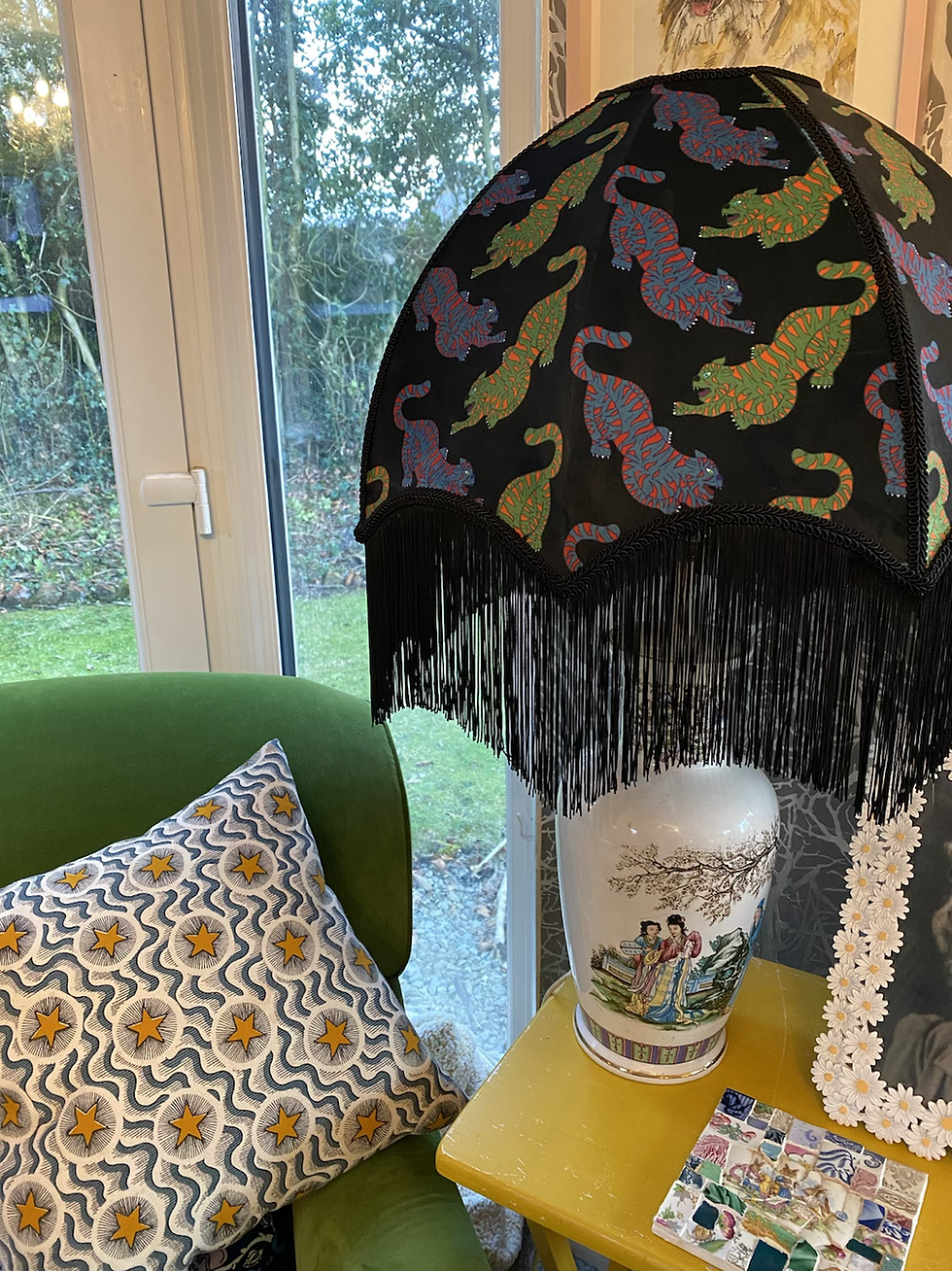 Thumbnail: Psychedelic Tigers Black Velvet with Braid and Fringe