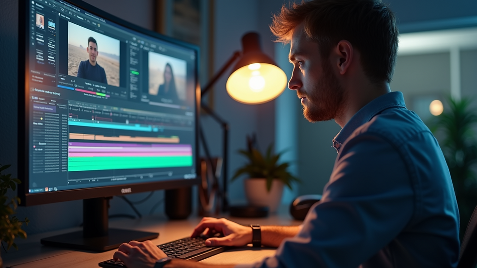 Close-up view of a video editor working on a timeline with color grading tools