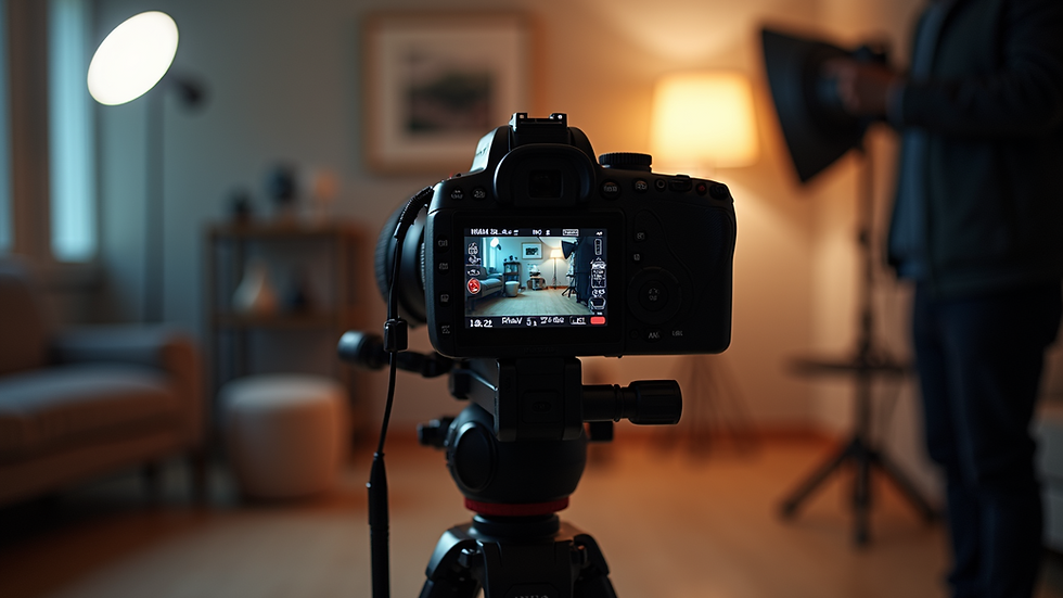 Eye-level view of professional video camera on tripod in studio