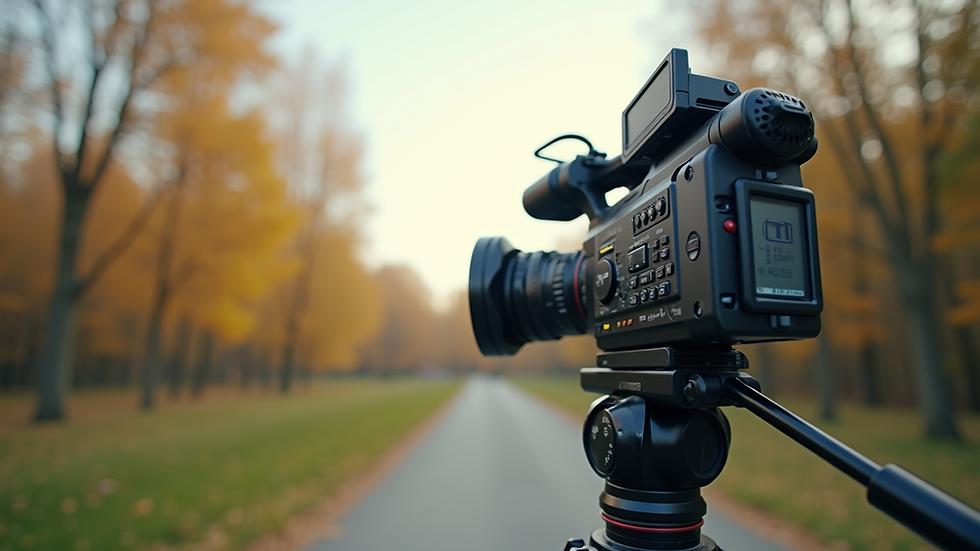 Eye-level view of professional video camera on tripod at outdoor location