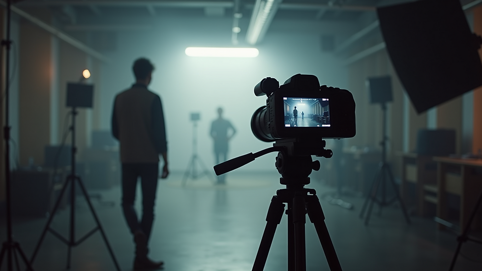 Eye-level view of professional video camera on tripod in studio