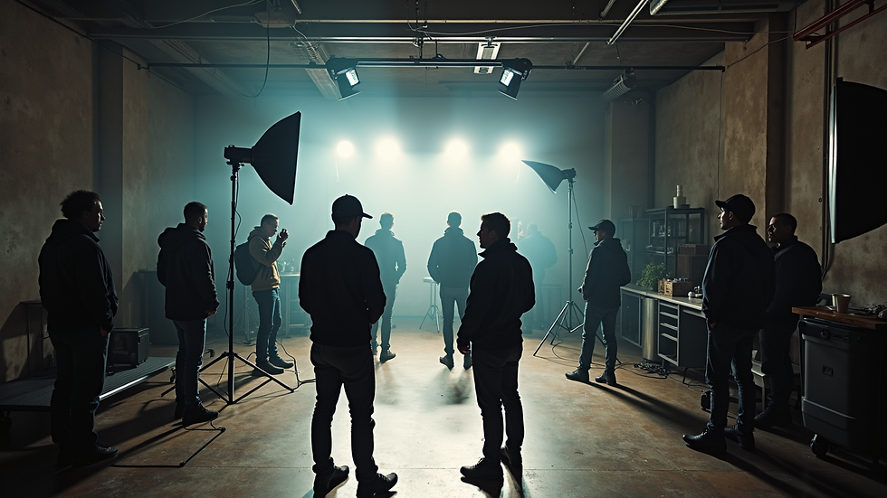High angle view of a film crew setting up lighting equipment on location