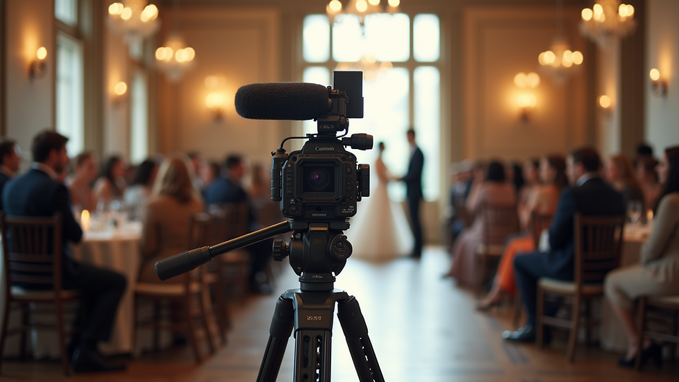 Eye-level view of professional video camera on tripod at wedding venue