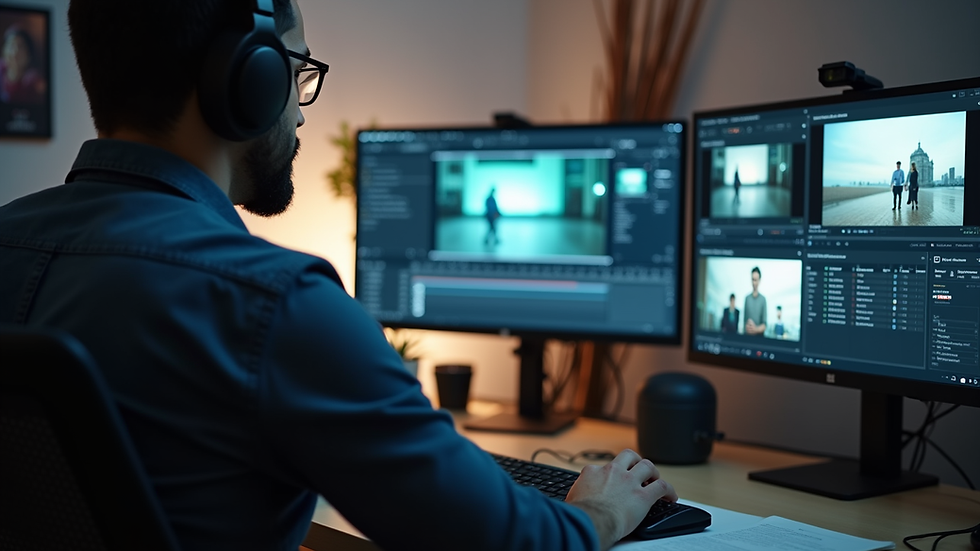 Close-up view of a video editor working on a corporate video project