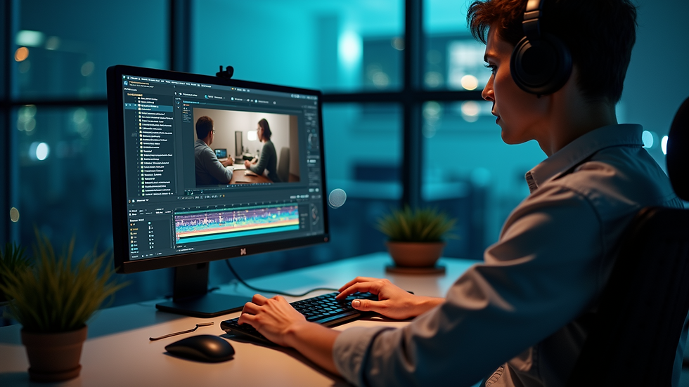 Close-up view of video editor working on computer screen