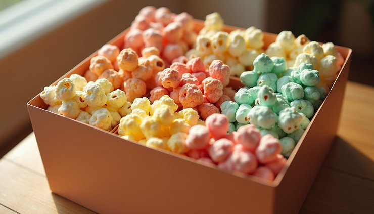 High angle view of a gift box filled with assorted gourmet popcorn bags