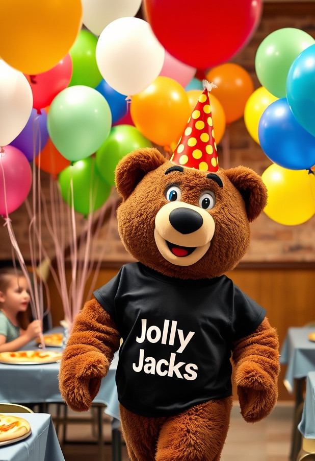 Image of a fun kid's birthday party with lots of balloons, pizza on the tables, and a brow