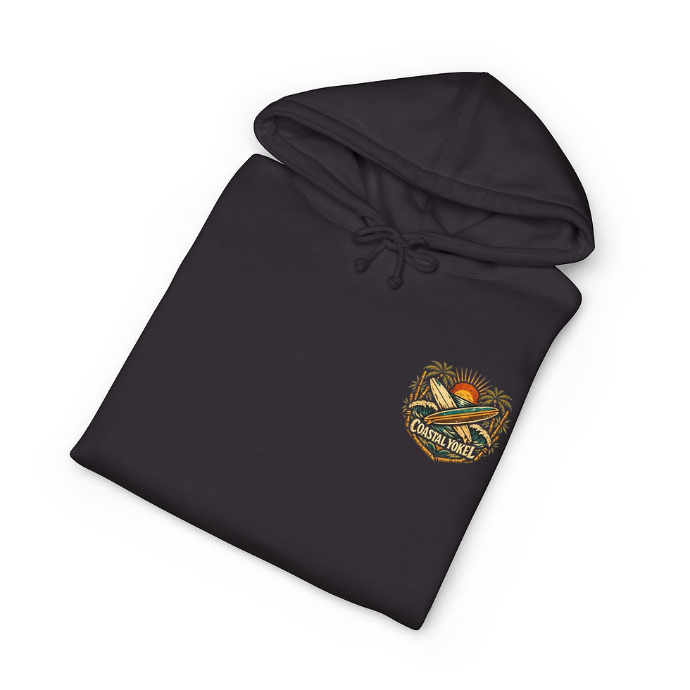 Thumbnail: Coastal Yokel hoodie with vintage bamboo surfboard graphic