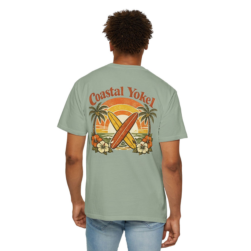 Coastal Yokel Tee shirt with surfboard sunset graphic