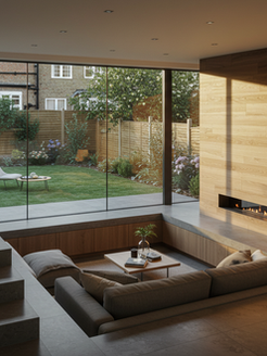 A bespoke sunken lounge with glass walls, the result of an architect-led planning application.