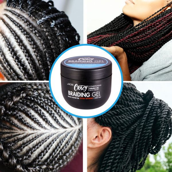 Thumbnail: Four images of braided hairstyles, Crazy Braiding Gel shown on black jar.