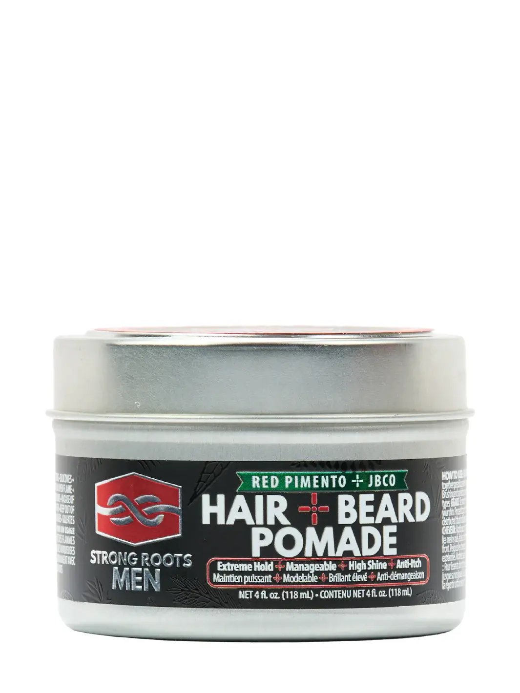Strong Roots Men Hair + Beard Pomade Red Pimento + JBCO for styling.