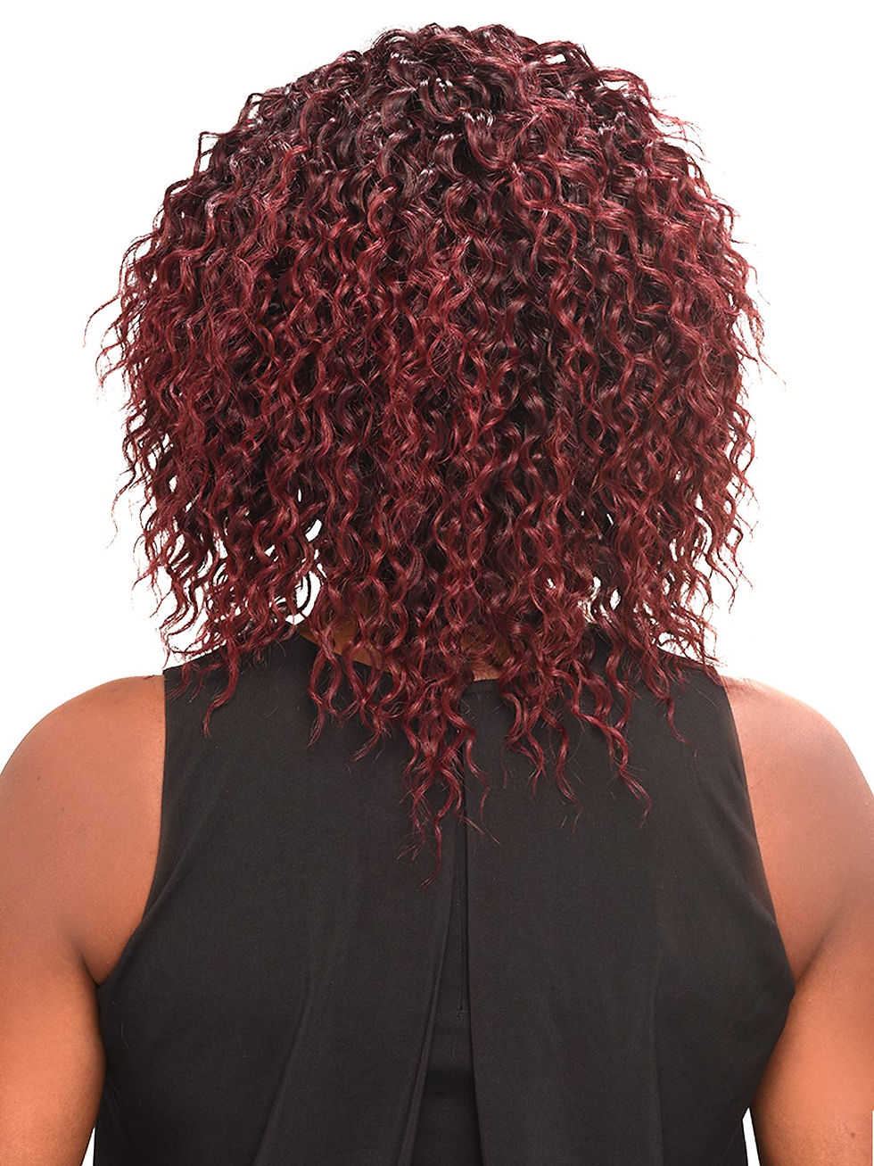 Miniature : Woman with red curly hair and black top posing for a beauty shot.