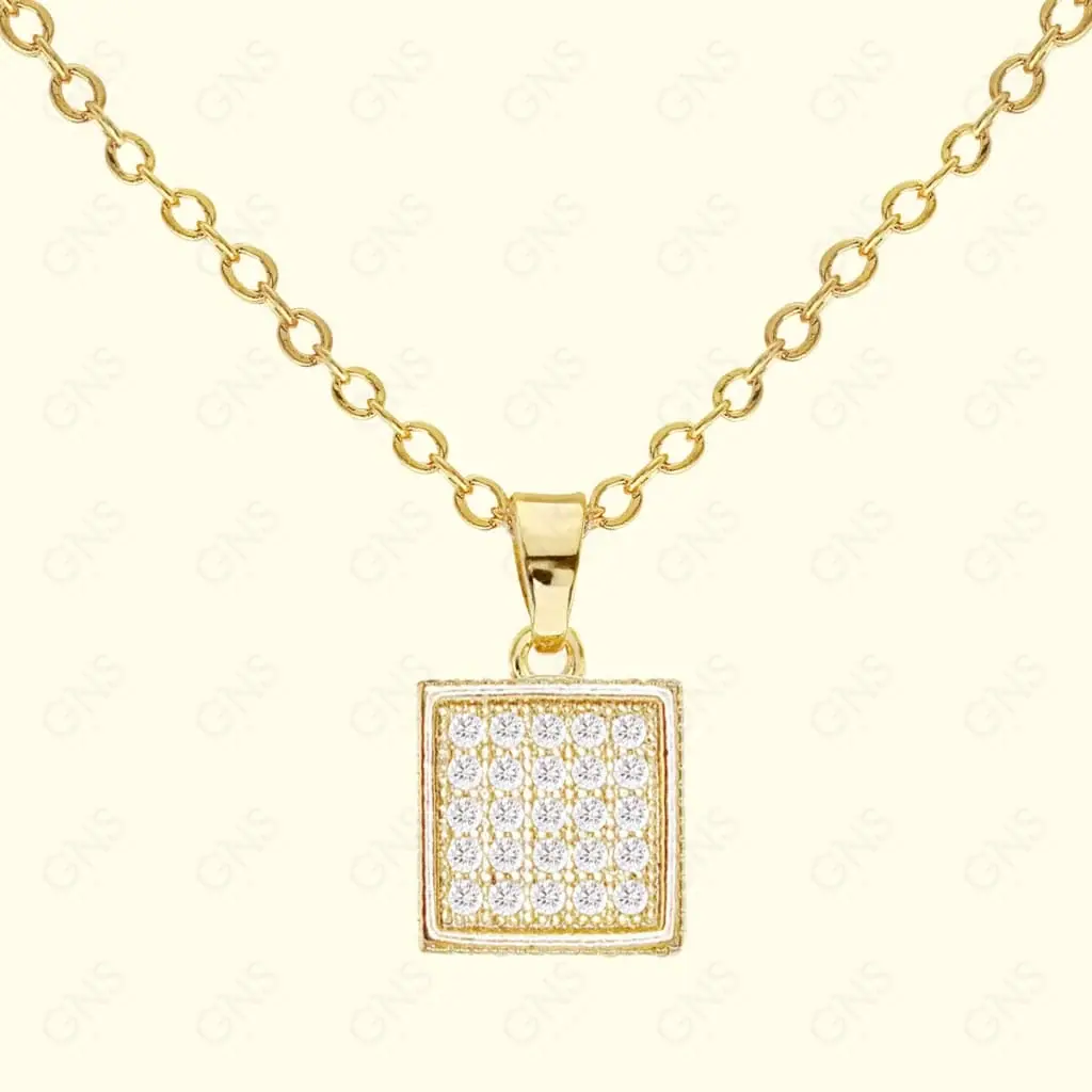 Golden necklace with square pendant and small crystals, elegant design.