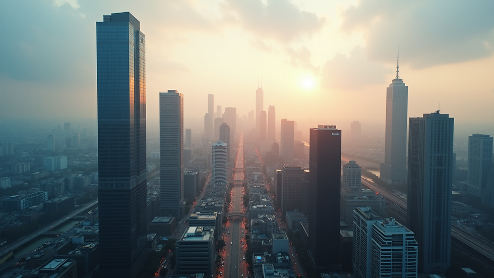 High angle view of a skyline showcasing modern office buildings