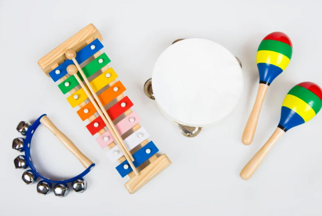 Colorful xylophone, tambourine, and maracas