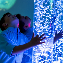 Boys mesmerized by sensory light column