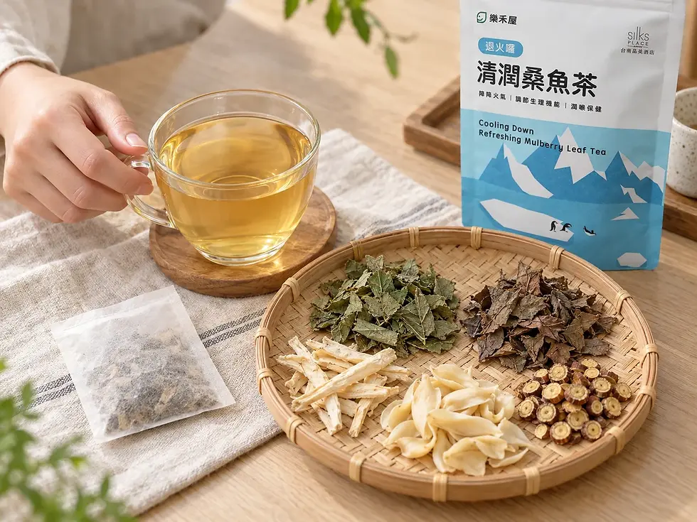 樂禾屋清潤桑魚茶產品、茶湯與草本原料