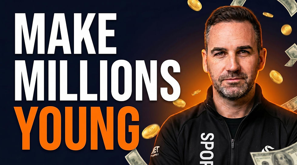 Man in black sports jacket beside MAKE MILLIONS YOUNG text, with floating coins and dollar bills on a dark background.
