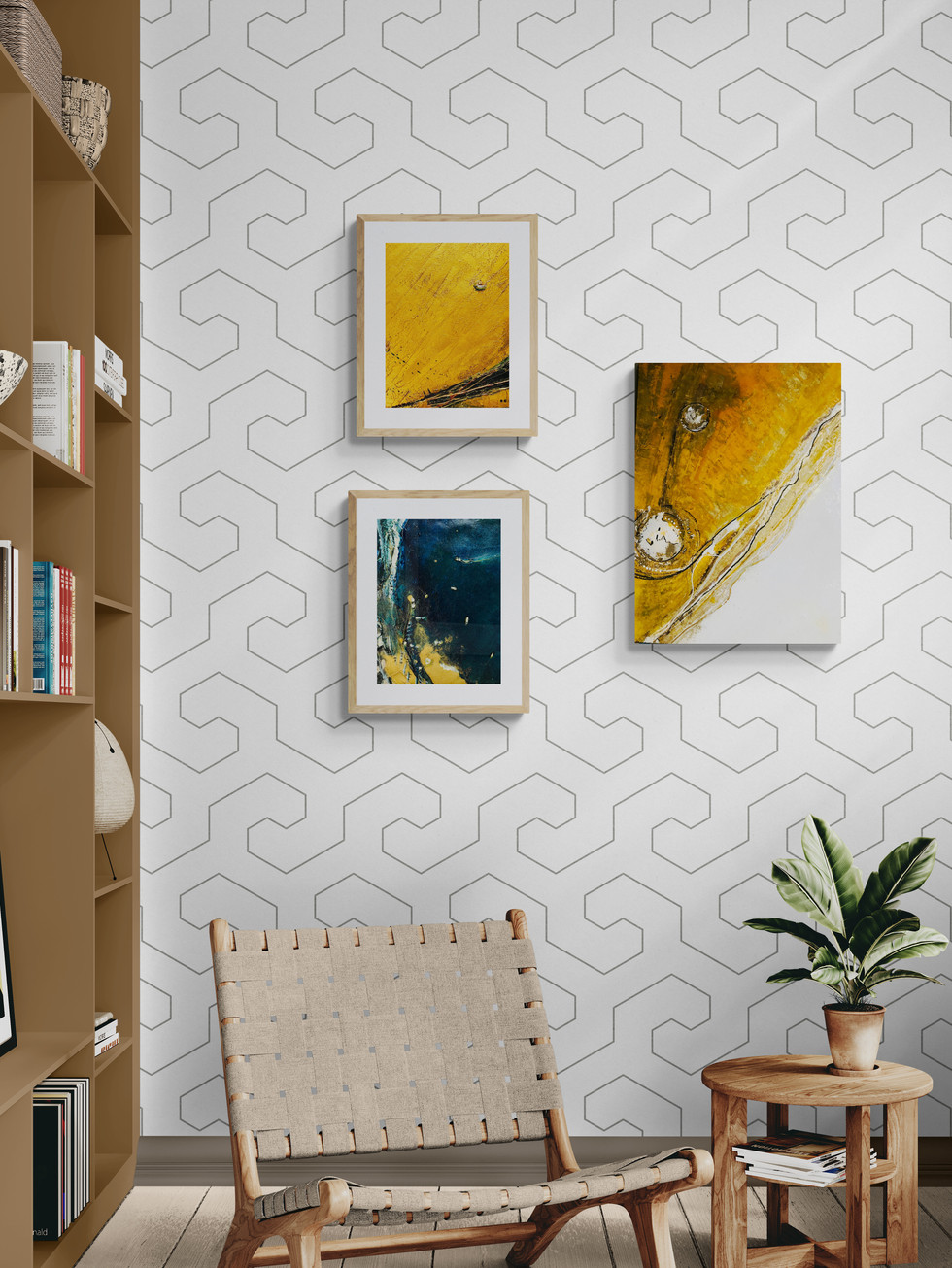 Aperçu d'œuvres sur un mur, au sein d'un salon.