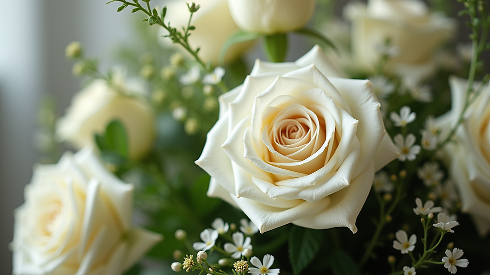 Close-up view of a lavish floral centerpiece with white roses and greenery
