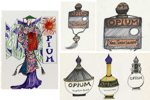 Esboços originais de Yves Saint Laurent para o perfume Opium de 1977. À esquerda, uma ilustração colorida de uma figura feminina em trajes orientais com padrões vibrantes ao lado do nome 'Opium'. À direita, diferentes desenhos de frascos de perfume, incluindo versões retangulares com tassel e modelos arredondados com tampas ornamentadas, mostrando o processo criativo do design icônico.