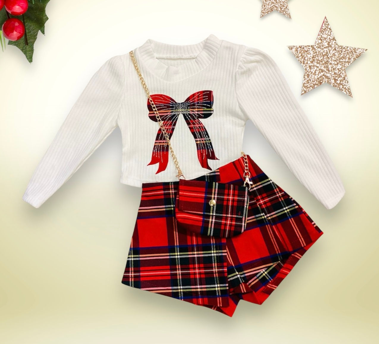 Tartan diamanté bow skort set