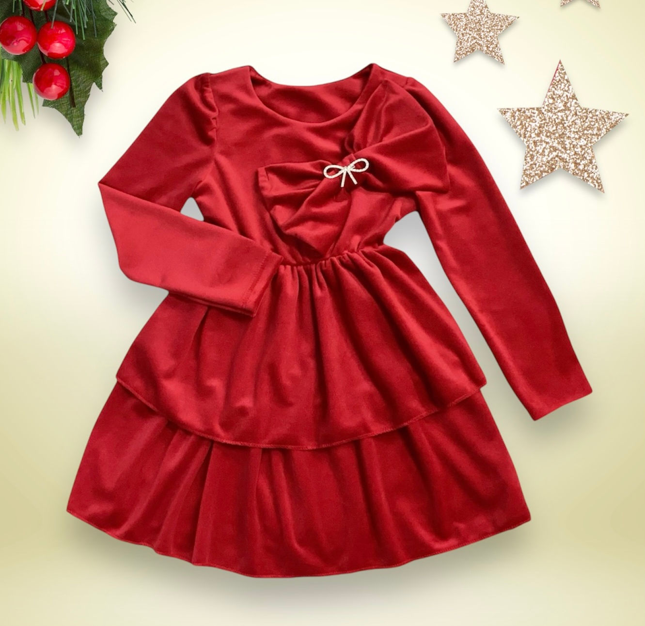 Velvet diamanté bow brooch dress