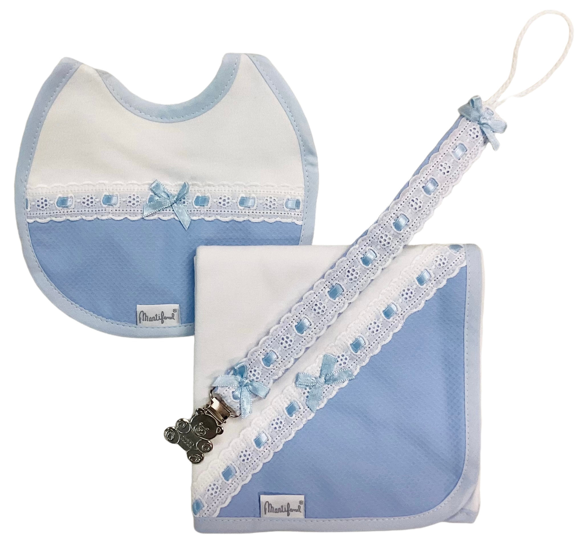 Spanish muslin square, bib & dummy clip set
