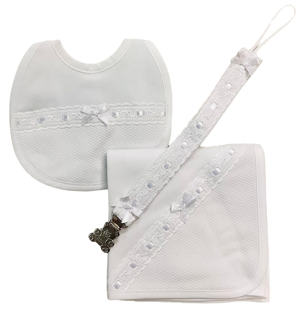 Spanish muslin square, bib & dummy clip set