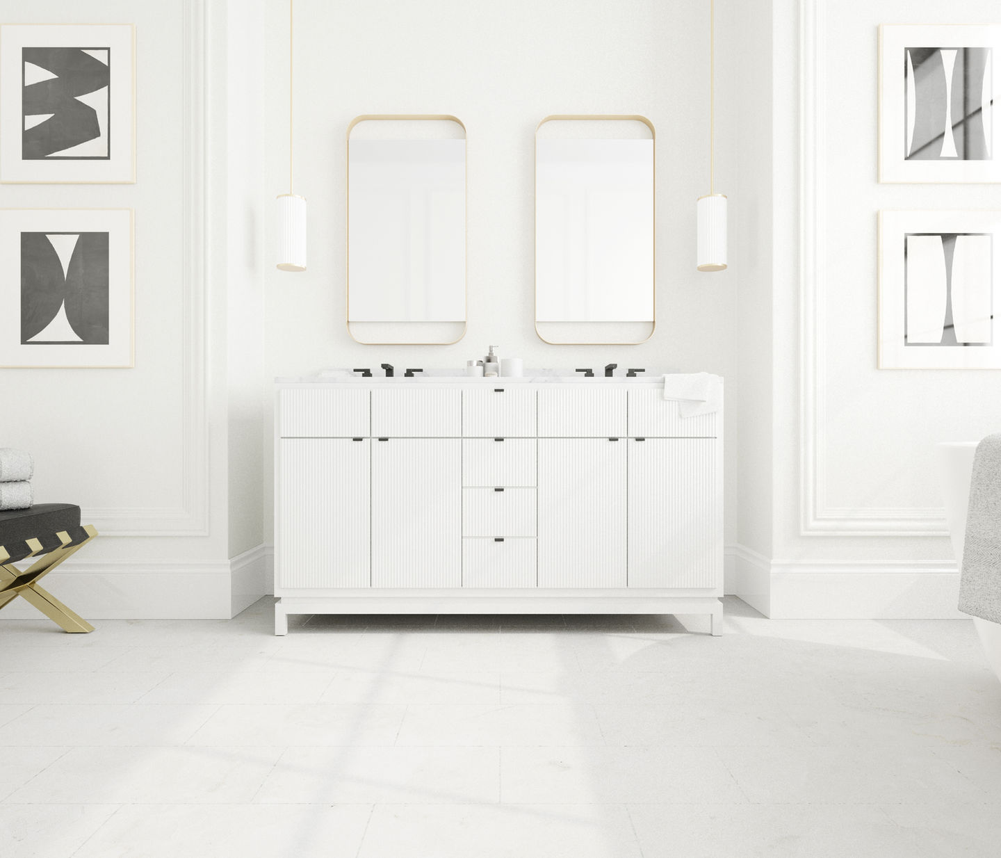 a bathroom with a white vanity and two mirrors