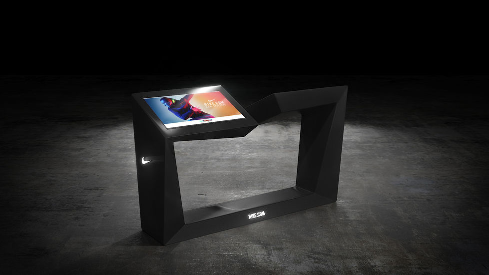 a black nike display with a screen that says nike.com on it