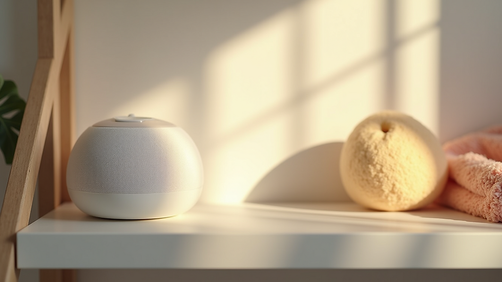 Eye-level view of a softly lit nursery with a white noise machine on a shelf