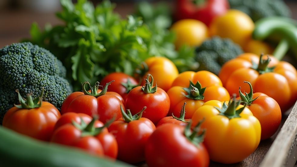 Close-up view of assorted organic fruits and vegetables